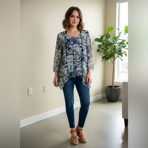 Style & Co. Petite Large Blue Floral Handkerchief Hem Blouse Rhinestone Accents